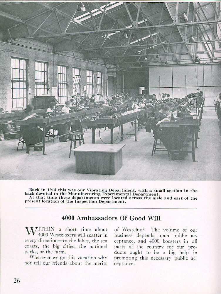 Westclox Tick Talk, June 1949, Vol. 34 No. 6 > 26. Historical Picture: Our Vibrating Department In 1914, With A Small Section In The Back Devoted To The Manufacturing Experimental Department.