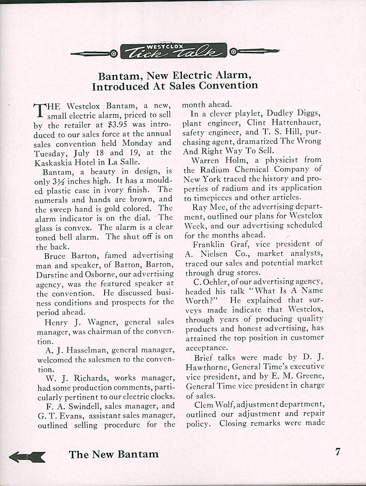 Westclox Tick Talk, July 1949, Vol. 34 No. 7 > 7. New Model: Bantam Electric Alarm. Ivory Plastic Case, Brown Numerals And Hands.