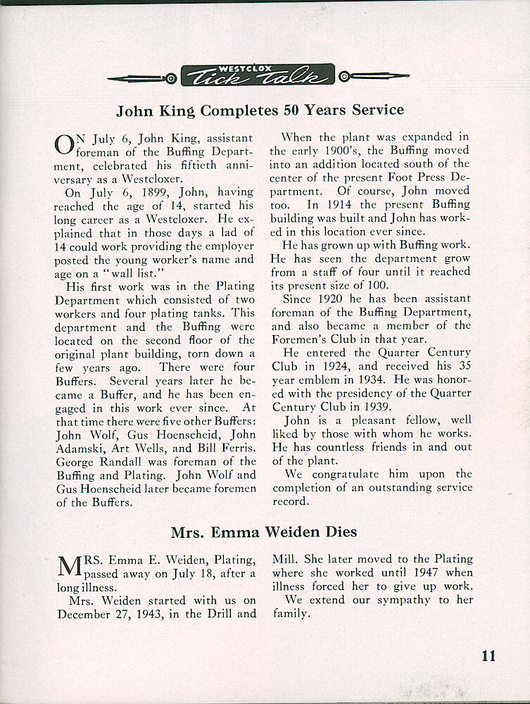 Westclox Tick Talk, July 1949, Vol. 34 No. 7 > 11. Personnel: John King Completes 50 Years Of Service.