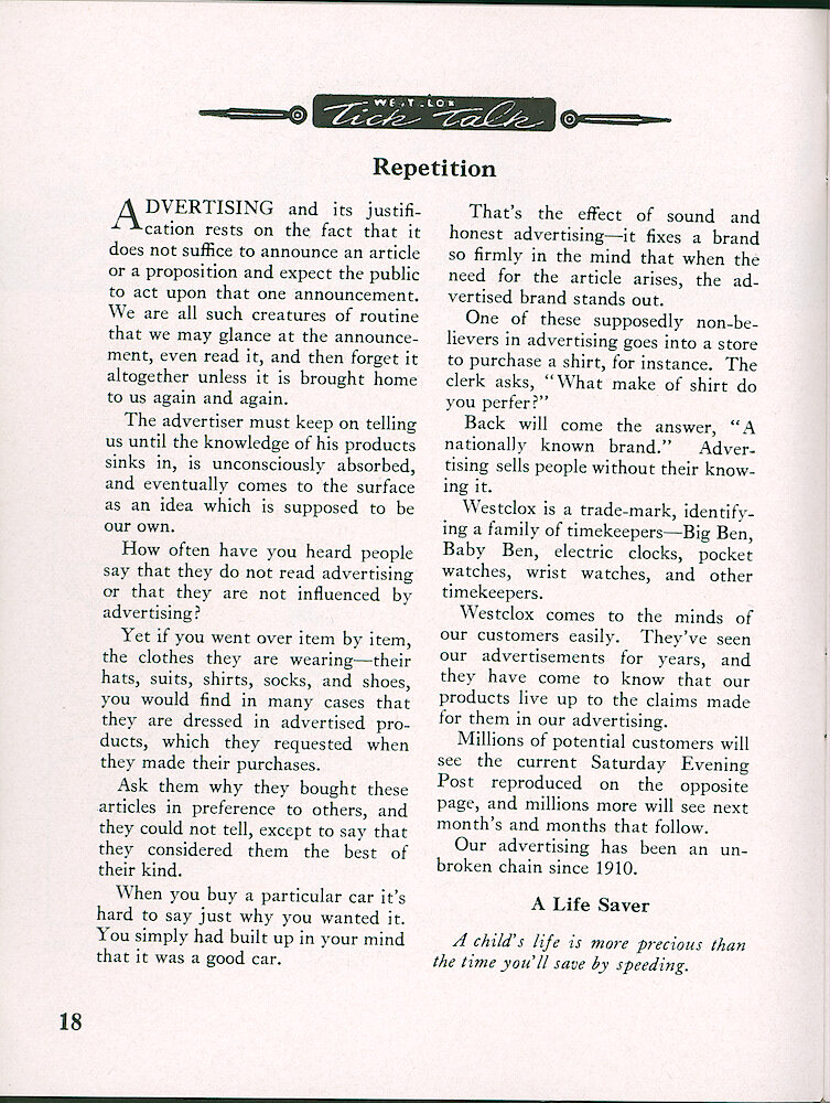 Westclox Tick Talk, August 1949, Vol. 34 No. 8 > 18. Advertising Caption: Marketing: "Repetition" Our Current Saturday Evening Post Ad On The Next Page.