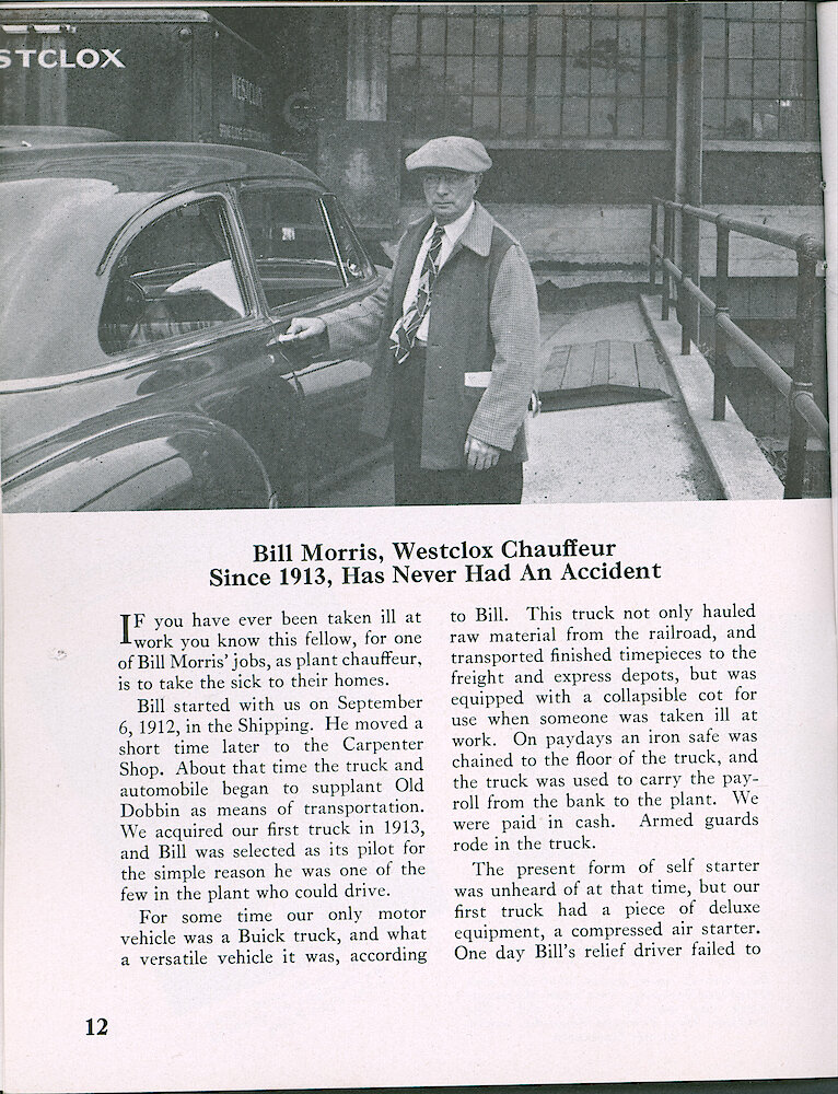 Westclox Tick Talk, November 1949, Vol. 34 No. 11 > 12. Personnel: Bill Morris, Westlox Chauffeur Since 1913.