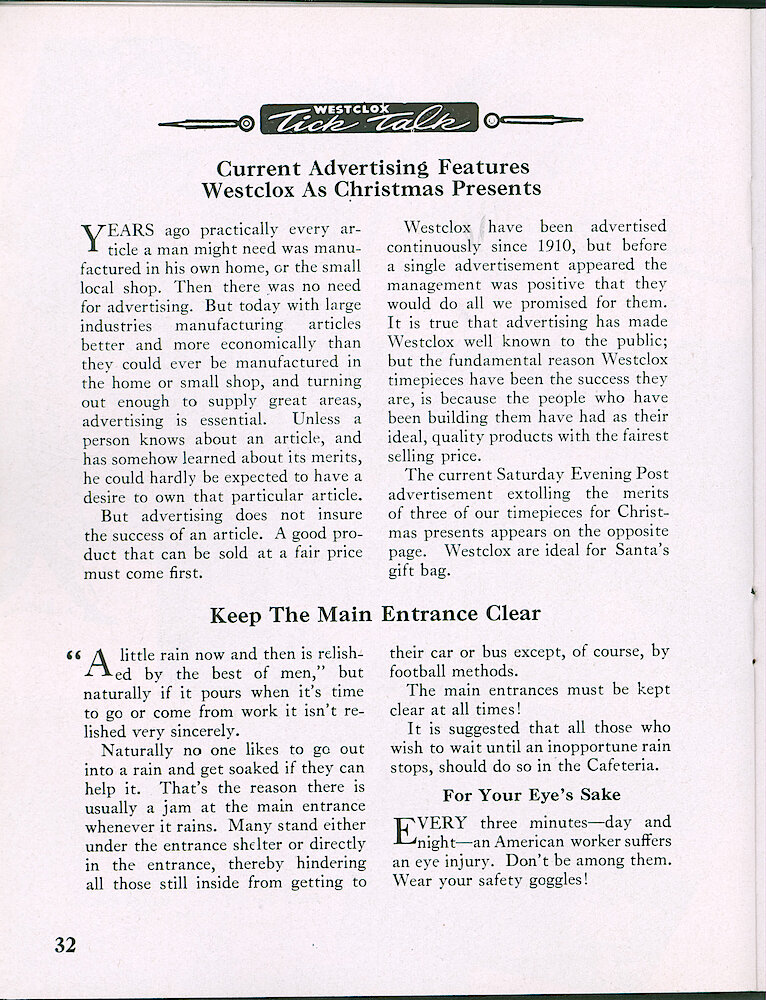 Westclox Tick Talk, November 1949, Vol. 34 No. 11 > 32. Marketing: Advertisement Caption: "Current Advertising Features Westclox As Christmas Presents" Our Current Saturday Evening Post Ad Appears On The Next Page.