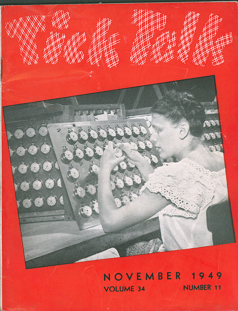 Westclox Tick Talk, November 1949, Vol. 34 No. 11 > F. Manufacturing: Barbara Spicer Is Regulating Pocket Bens In The Watch Racks (caption On Page 6).