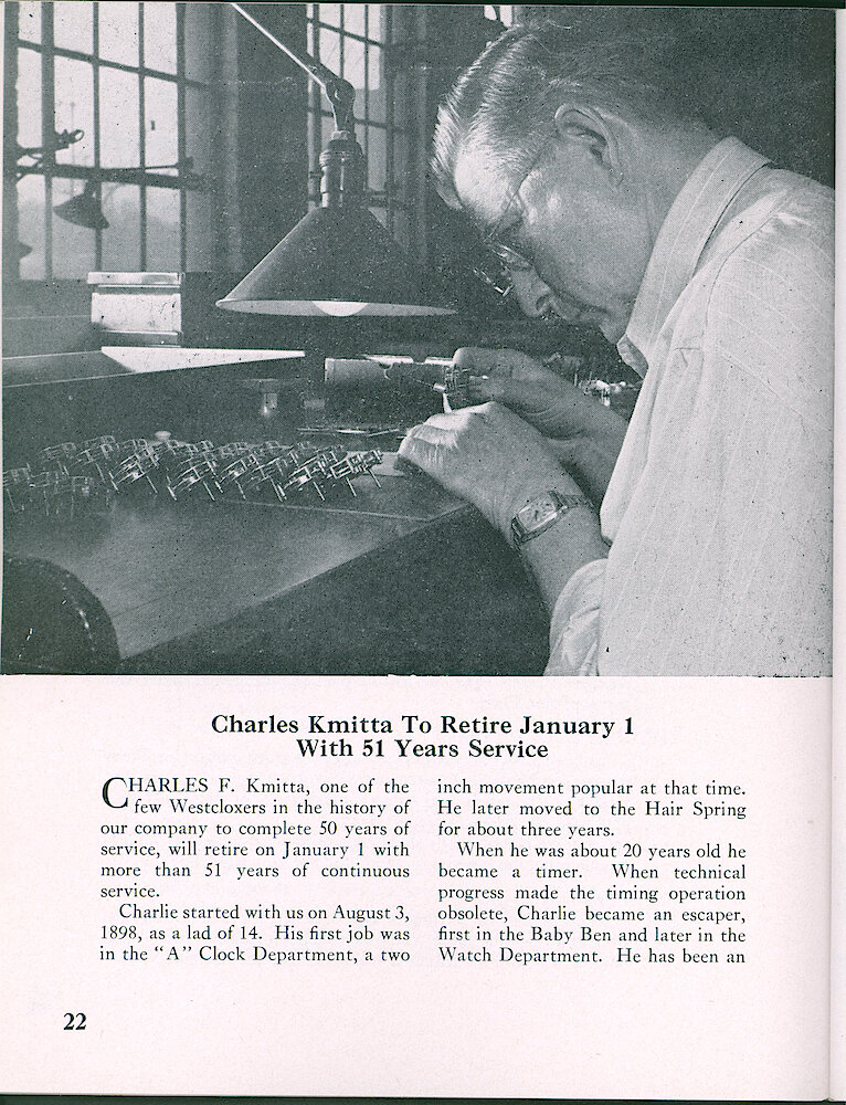 Westclox Tick Talk, December 1949, Vol. 34 No. 12 > 22. Personnel: Charles Kmitta To Retire January 1 With 51 Years Service. He Started In 1898 At Age 14.