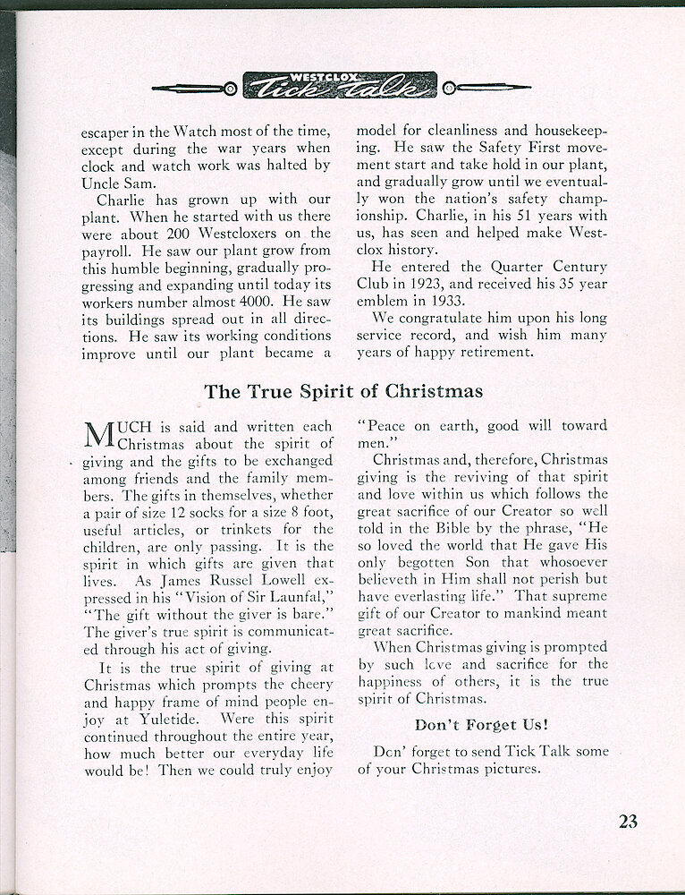 Westclox Tick Talk, December 1949, Vol. 34 No. 12 > 23. Personnel: Charles Kmitta To Retire January 1 With 51 Years Service.