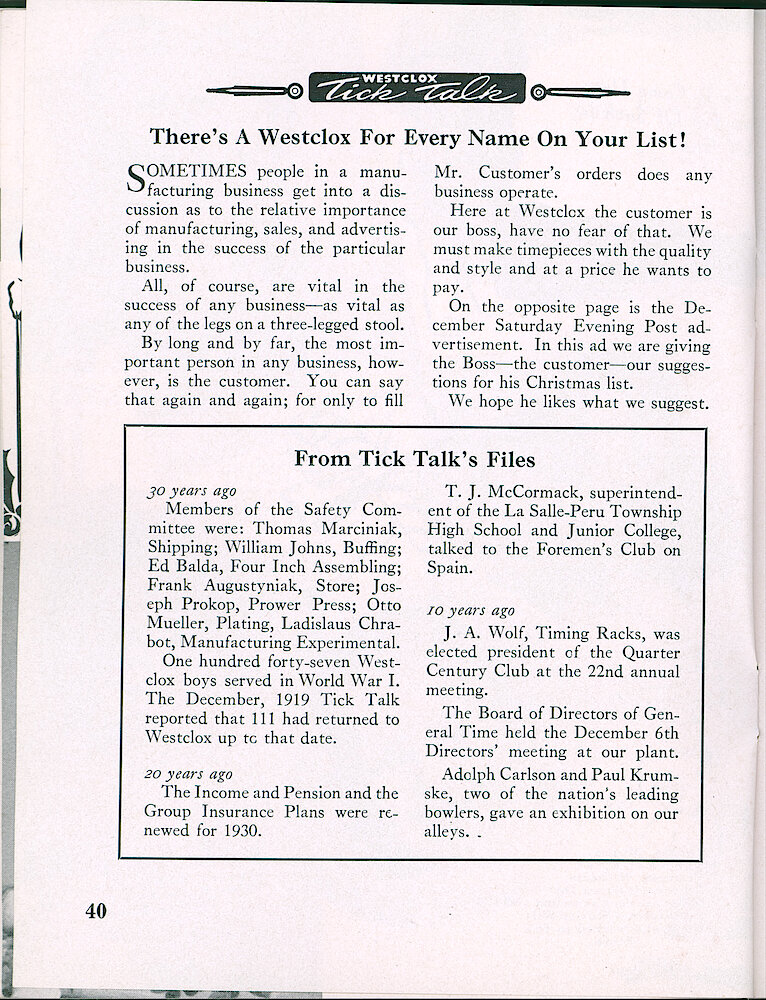 Westclox Tick Talk, December 1949, Vol. 34 No. 12 > 40. Marketing: Advertisement Caption: "There&039;s A Westclox For Every Name On Your List" On The Next Page Is Our Current Saturday Evening Post.