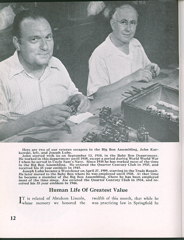 Westclox Tick Talk, February 1950, Vol. 35 No. 2 > 12. Personnel: Two Veteran Escapers In Big Ben Assembling—John Kurkowski, Left And Joseph Luba.