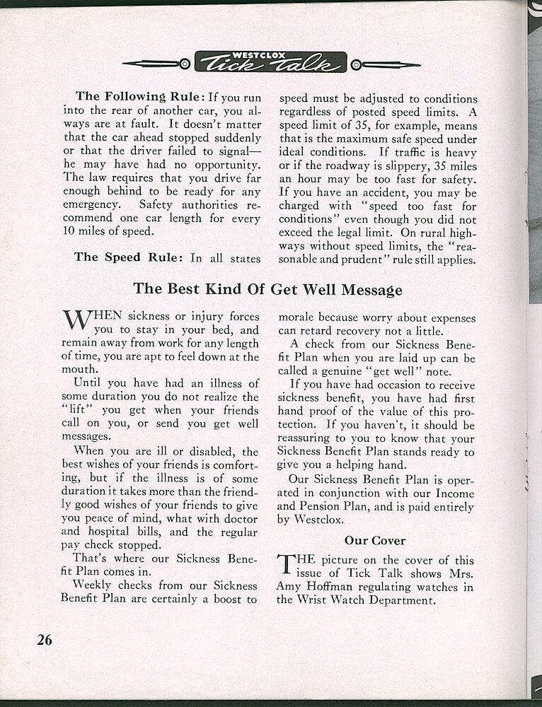 Westclox Tick Talk, February 1950, Vol. 35 No. 2 > 26. Cover Caption: Mrs. Amy Hoffman Is Regulating Watches In The Wrist Watch Department.