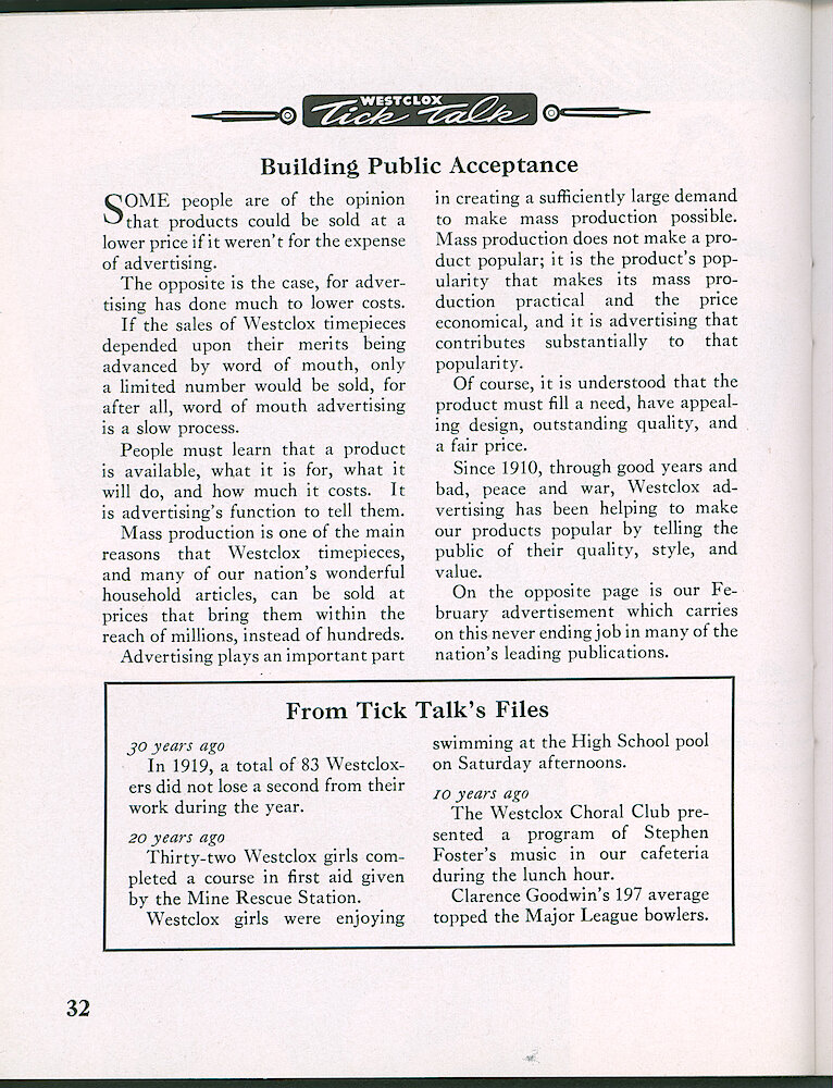 Westclox Tick Talk, February 1950, Vol. 35 No. 2 > 32. Marketing: Advertisement Caption: "Building Public Acceptance" Our February Saturday Evening Post Ad Is On The Next Page.