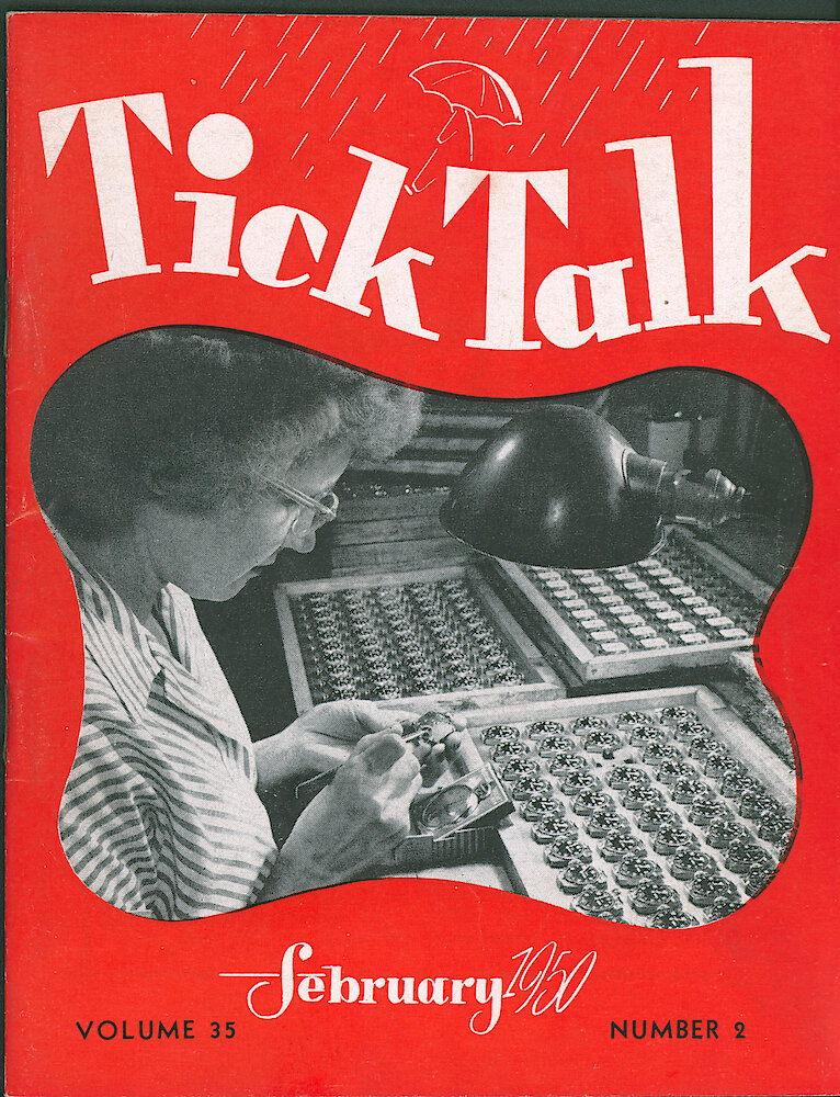 Westclox Tick Talk, February 1950, Vol. 35 No. 2 > F. Manufacturing: Mrs. Amy Hoffman Is Regulating Watches In The Wrist Watch Department (caption On Page 26).