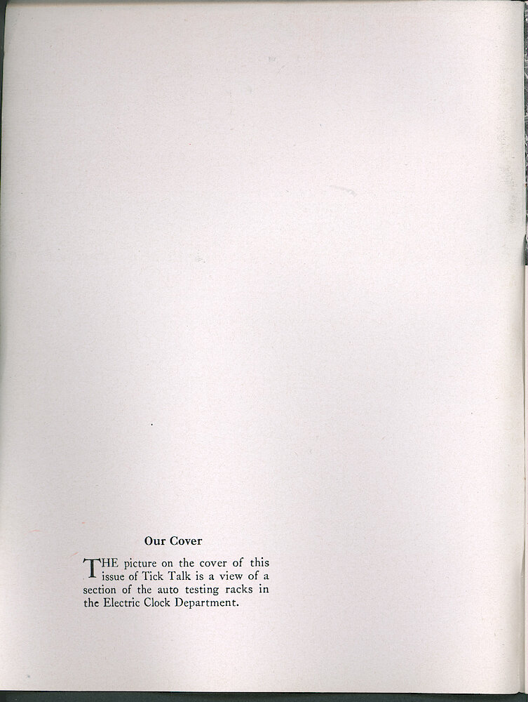 Westclox Tick Talk, March 1950, Vol. 35 No. 3 > Inside front cover. Cover Caption: Auto Testing Racks In The Electric Clock Department.