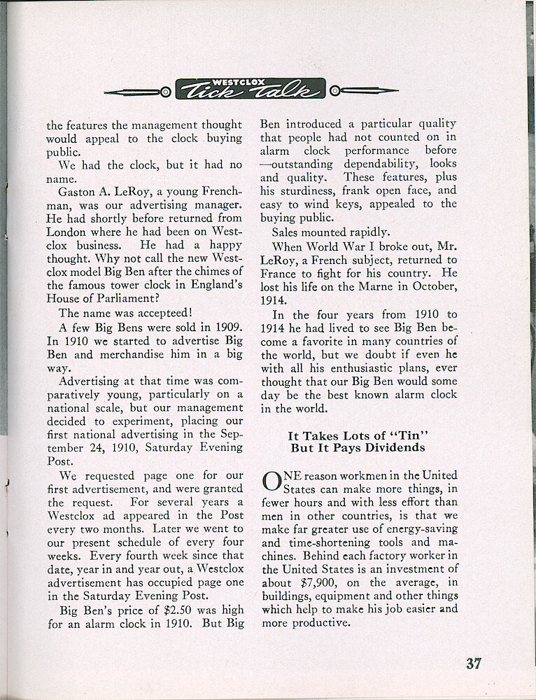 Westclox Tick Talk, March 1950, Vol. 35 No. 3 > 37. Historical Article: "Big Ben Made His Bow In 1910"