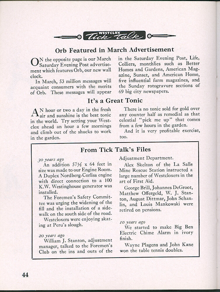 Westclox Tick Talk, March 1950, Vol. 35 No. 3 > 44. Marketing: Advertisement Caption: "Orb Featured In March Advertisement" On The Next Page Is Our March Saturday Evening Post Advertisement. In March, 53 Million Messages Will Acquaint Consumers With The Merits Of The Orb. These Messages Will Appear In The Saturday Evening Post, Life, Colliers, The ... 