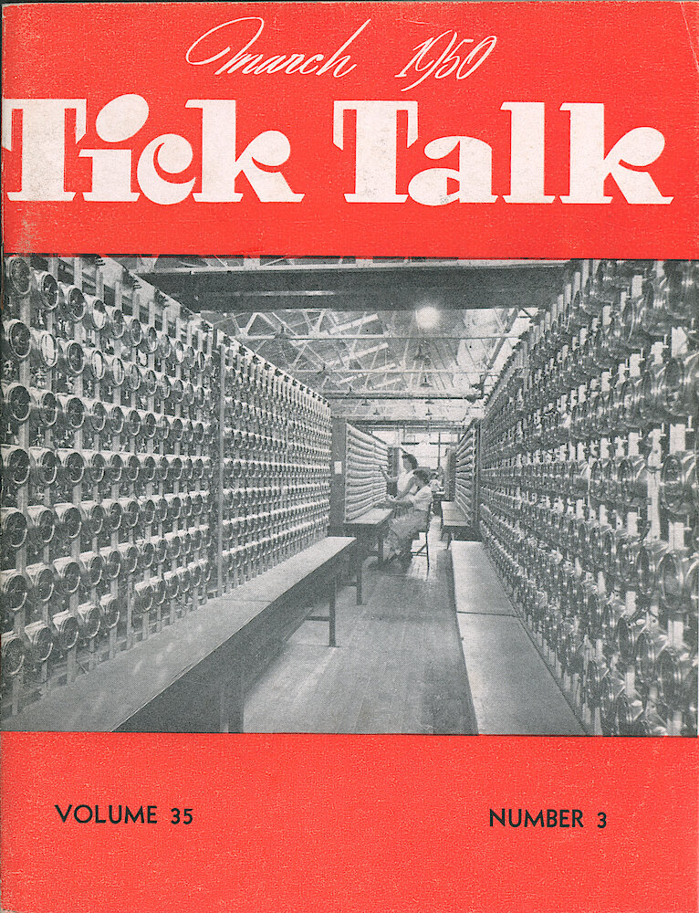 Westclox Tick Talk, March 1950, Vol. 35 No. 3 > F. Manufacturing: Auto Testing Racks In The Electric Clock Department (caption Inside Front Cover).