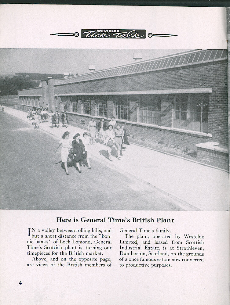 Westclox Tick Talk, April 1950, Vol. 35 No. 4 > 4. Factory: "Here Is General Time&039;s British Plant" Strathleven, Dumbarton, Scotland.