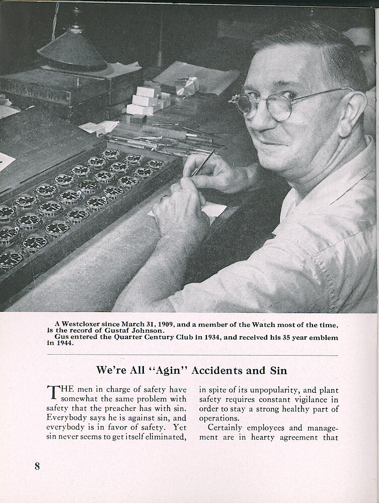 Westclox Tick Talk, April 1950, Vol. 35 No. 4 > 8. Personnel: Gustaf Johnson, A Westcloxer Since 1909, In The Watch Department.