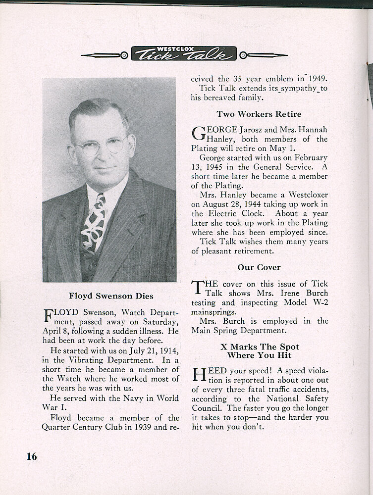 Westclox Tick Talk, April 1950, Vol. 35 No. 4 > 16. Cover Caption: Mrs. Irene Burch Inspecting Model W-2 Mainsprings In The Mainspring Department.