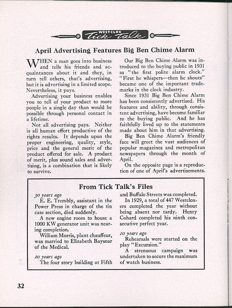 Westclox Tick Talk, April 1950, Vol. 35 No. 4 > 32. Marketing: Advertisement Caption: "April Advertising Features Big Ben Chime Alarm" On The Next Page Is One Of April&039;s Advertisements.