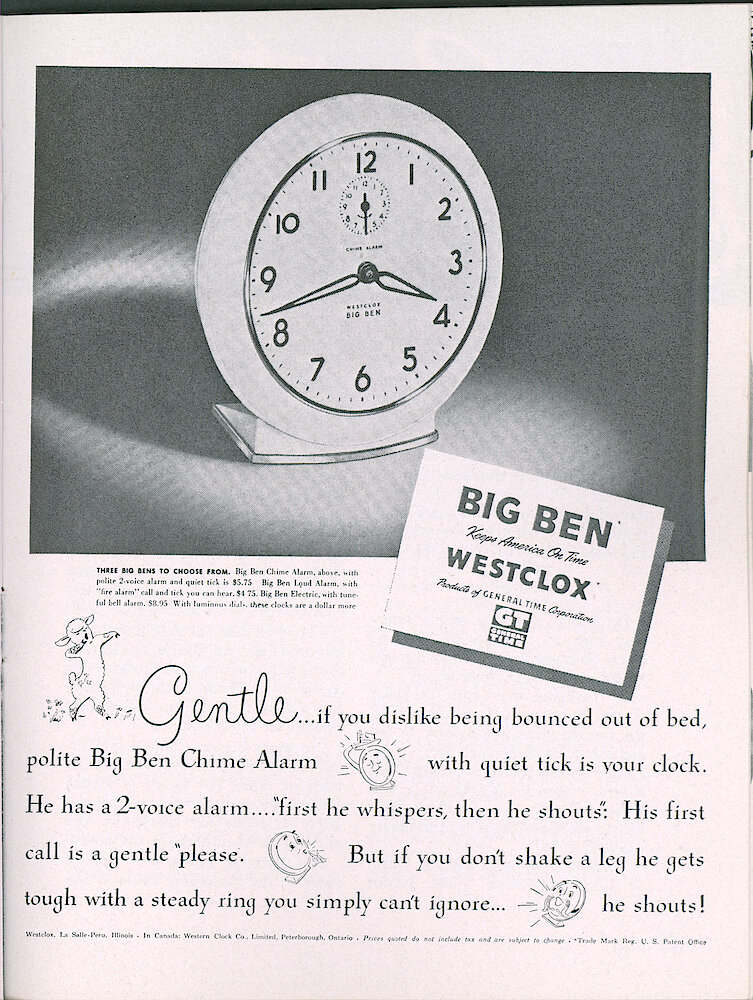 Westclox Tick Talk, April 1950, Vol. 35 No. 4 > 33. Advertisement: "Gentle ...if You Dislike Being Bounced Out Of Bed, Polite Big Ben Chime Alarm With Quiet Tick Is Your Clock" One Of The April Westclox Ads.