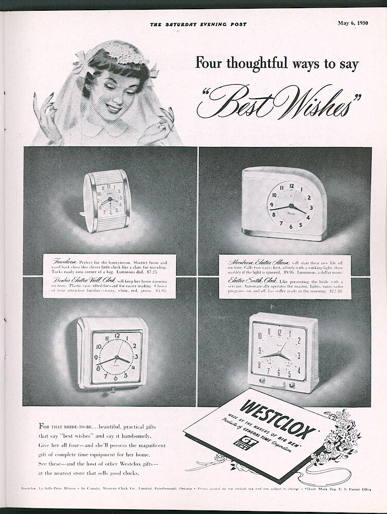 Westclox Tick Talk, May 1950, Vol. 35 No. 5 > 33. Advertisement: "Four Thoughtful Ways To Say Best Wishes" Shows Travalarm Travel Alarm Clock, Moonbeam Electric Flashing Light Alarm Clock, Dunbar Electric Wall Clock And Electric Switch Clock. Saturday Evening Post May 6, 1950.