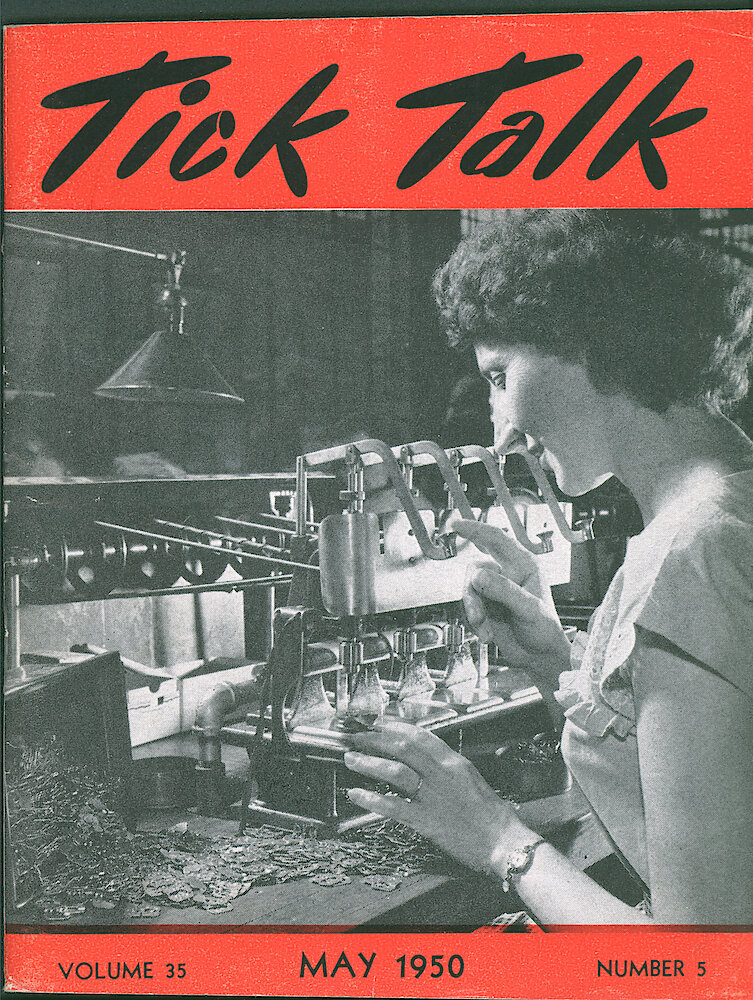 Westclox Tick Talk, May 1950, Vol. 35 No. 5 > F. Manufacturing: Mrs. Josephine Brongel Countersinking Pivot Holes In Wrist Watch Front Plates In The Two Inch Material Department (caption On Page 57).