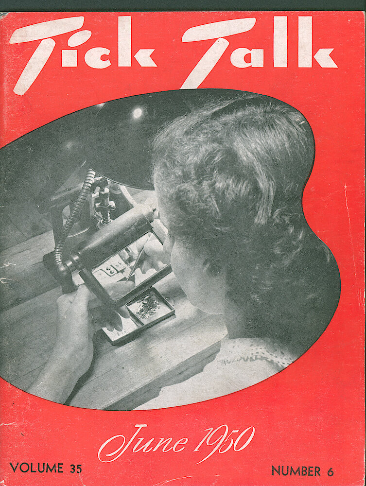 Westclox Tick Talk, June 1950, Vol. 35 No. 6 > F. Manufacturing: Grace Credi Is Staking Wrist Watch Lever Pallets In The Two Inch Material Department (caption On Page 26).