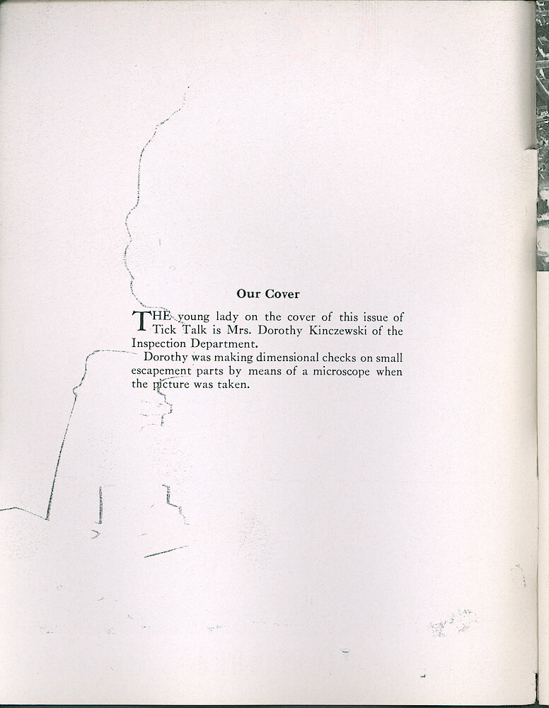 Westclox Tick Talk, July 1950, Vol. 35 No. 7 > Inside front cover. Cover Caption: Mrs. Dorothy Kinczewski Of The Inspection Department Is Checking Small Escapement Parts.