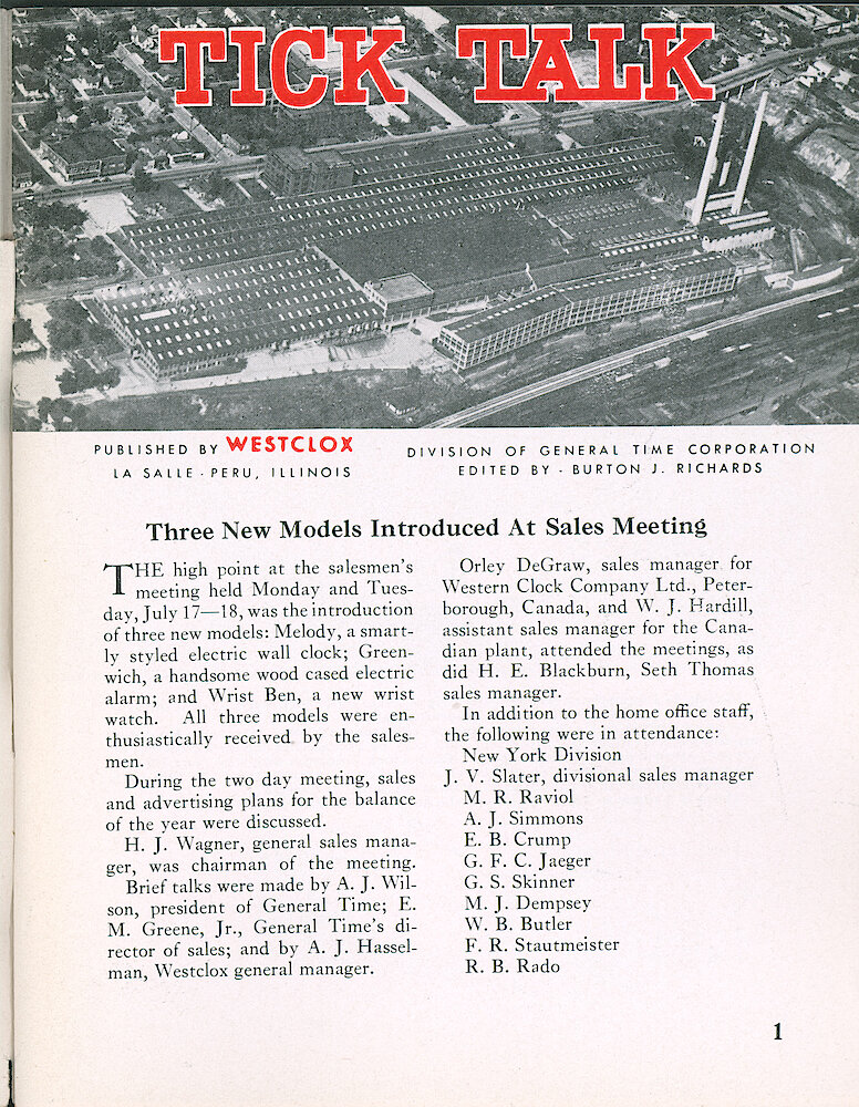 Westclox Tick Talk, July 1950, Vol. 35 No. 7 > 1. New Models: Melody Electric Wall Clock, Greenwich Wood Cased Electric Alarm, Wrist Ben Wrist Watch (Style 3).