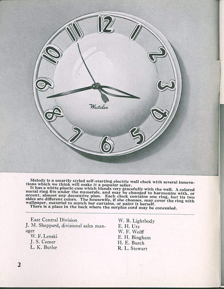 Westclox Tick Talk, July 1950, Vol. 35 No. 7 > 2. New Model: Melody Electric Wall Clock With Changeable Color Ring.