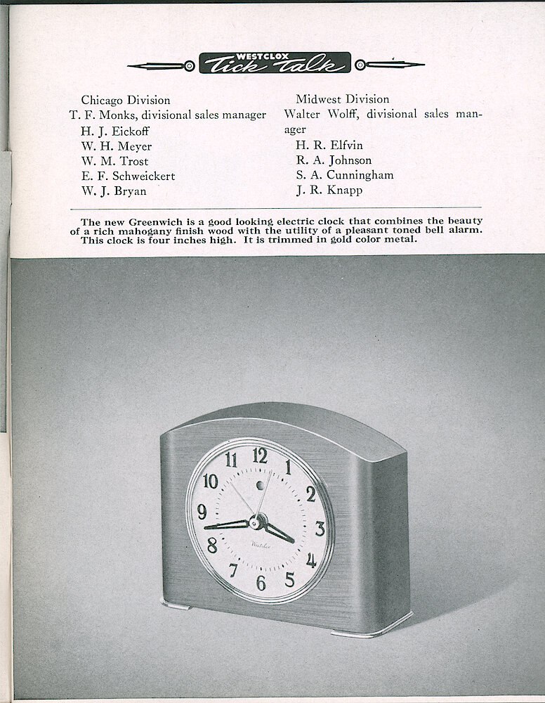 Westclox Tick Talk, July 1950, Vol. 35 No. 7 > 3. New Model: Greenwich Electric Alarm Clock In Wood Case.