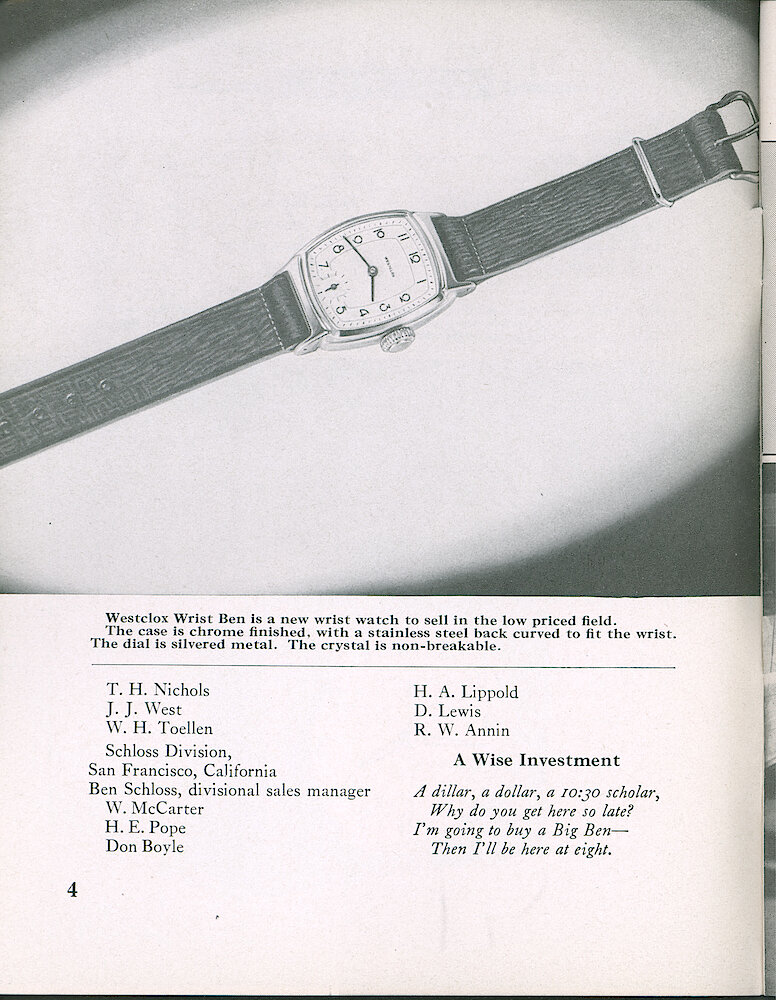 Westclox Tick Talk, July 1950, Vol. 35 No. 7 > 4. New Model: Wrist Ben Wrist Watch (Style 3 Wrist Ben).