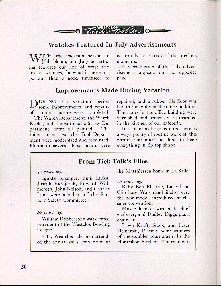 Westclox Tick Talk, July 1950, Vol. 35 No. 7 > 20. Marketing: Advertising Caption: "Watches Featured In July Advertisements" The July Advertisement Appears On The Next Page.