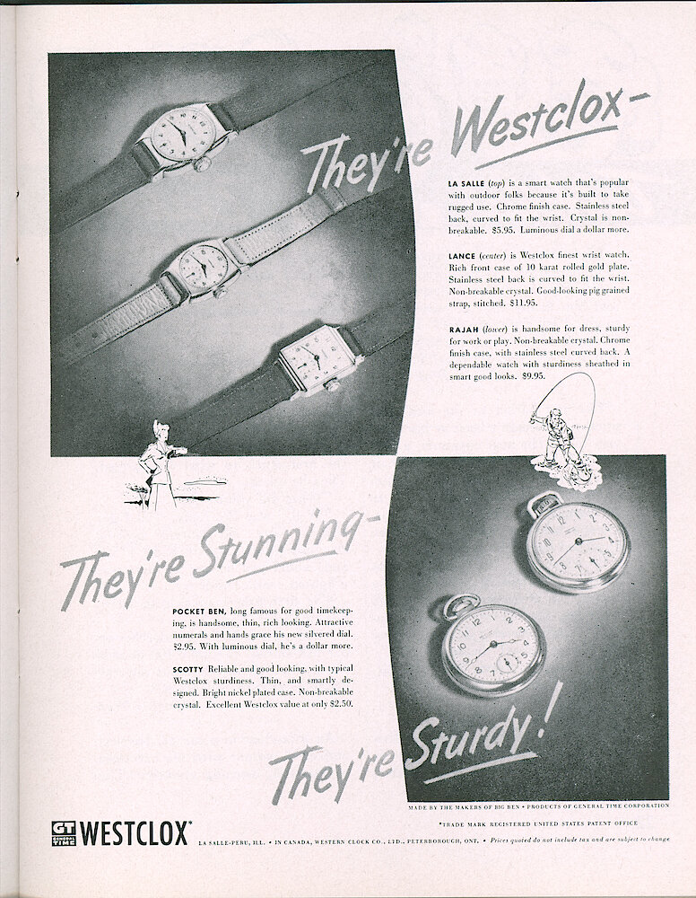 Westclox Tick Talk, July 1950, Vol. 35 No. 7 > 21. Advertisement: Shows The Following Watches: La Salle Wrist Watch, Lance Wrist Watch, Rajah Wrist Watch, Pocket Ben Pocket Watch, Scotty Pocket Watch.