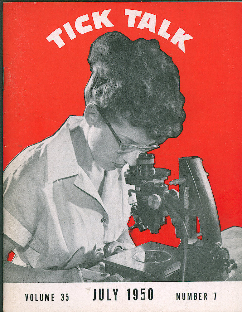 Westclox Tick Talk, July 1950, Vol. 35 No. 7 > F. Manufacturing: Mrs. Dorothy Kinczewski Of The Inspection Department Is Checking Small Escapement Parts (caption On Inside Of Front Cover).