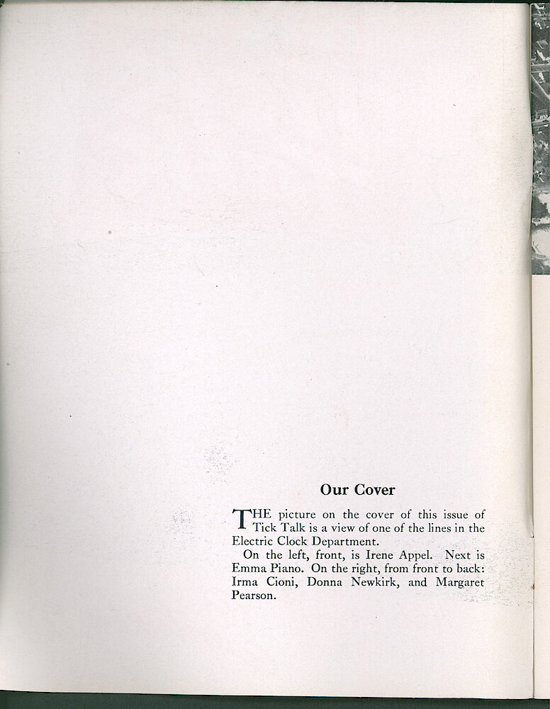 Westclox Tick Talk, September 1950, Vol. 35 No. 9 > Inside front cover. Cover Caption: One Of The Lines In The Electric Clock Department. On The Left, Front Is Irene Appel. Next Is Emma Piano.  On The Right, From Front To Back: Irma Cioni, Donna Newkirk, And Margaret Pearson.