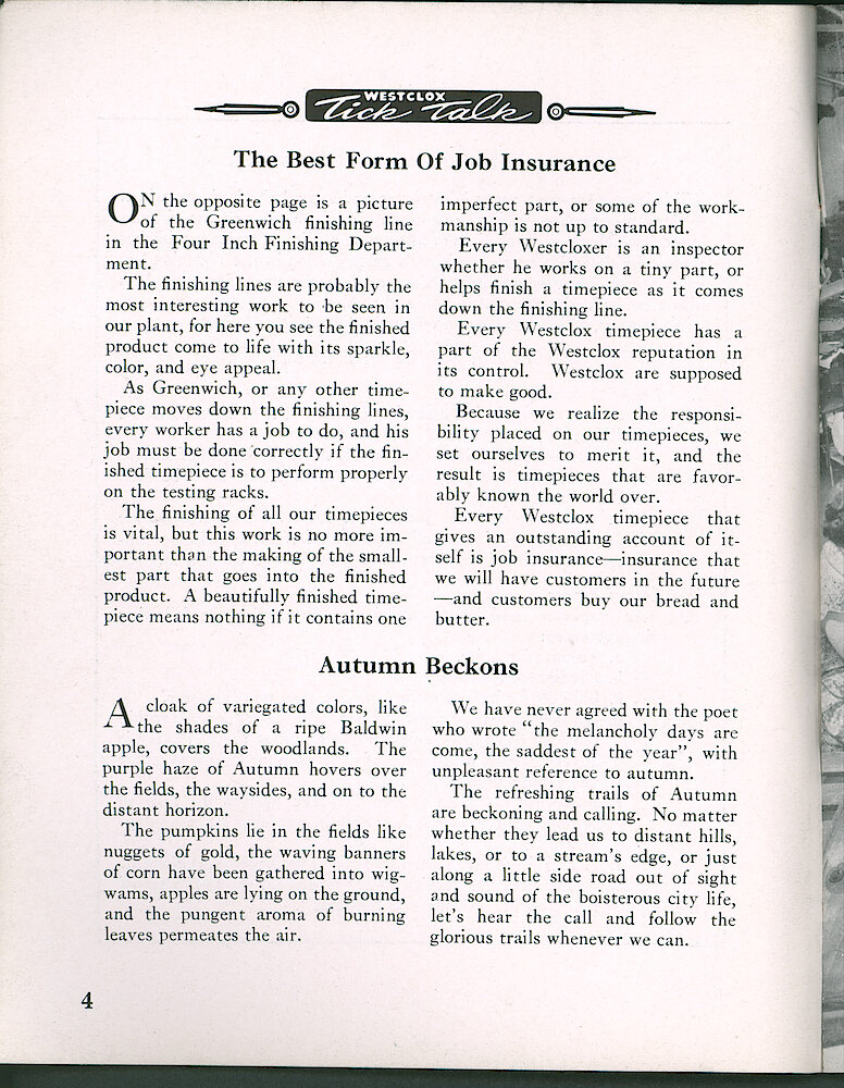 Westclox Tick Talk, September 1950, Vol. 35 No. 9 > 4. Manufacturing: Picture Caption: "The Best Form Of Job Insurance" The Next Page Shows The Greenwich Finishing Line In The Four Inch Finishing Department. Talking About How Every Westclox Employee Is Responsible For The Quality Of Our Products.