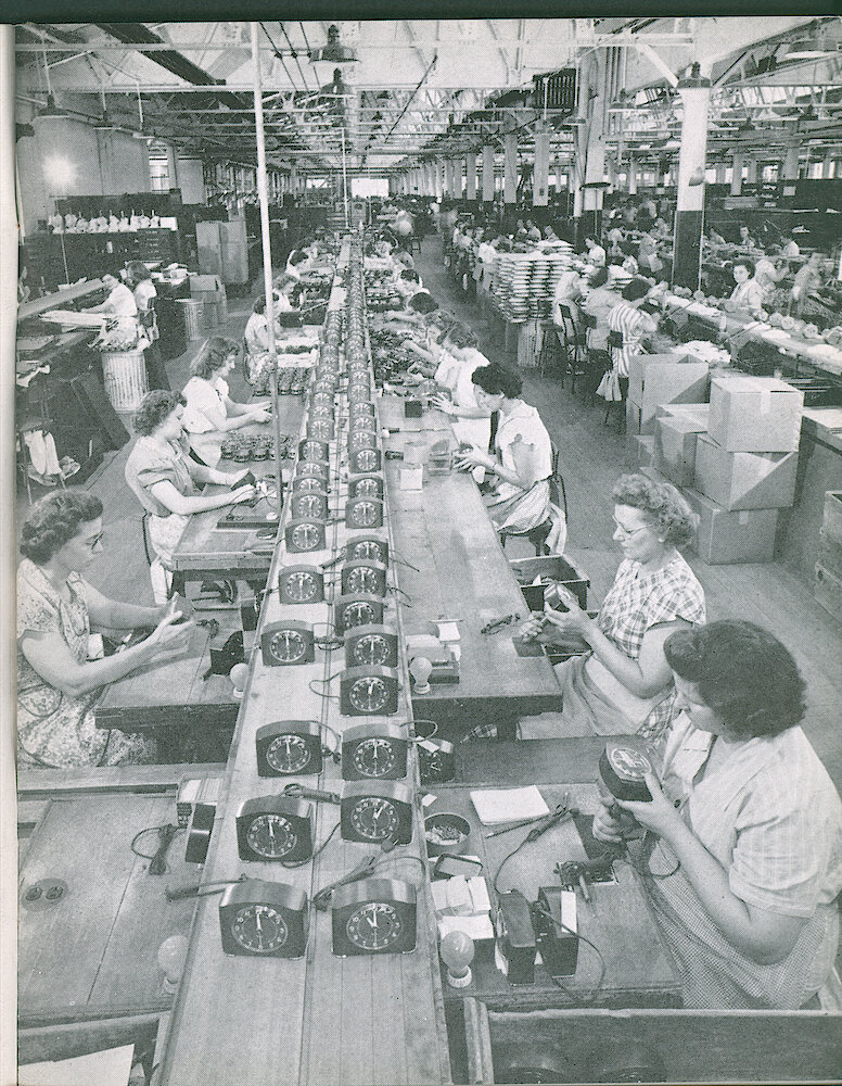 Westclox Tick Talk, September 1950, Vol. 35 No. 9 > 5. Manufacturing: The Greenwich Finishing Line In The Four Inch Finishing Department. Caption And Article About Quality Is On Page 4.