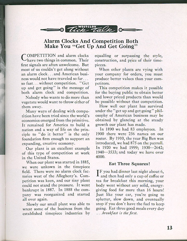 Westclox Tick Talk, September 1950, Vol. 35 No. 9 > 13. Marketing: Personnel: "Alarm Clocks And Competition Both Make You &039;Get Up And Get Going&039;" Includes Short History Of Employment.