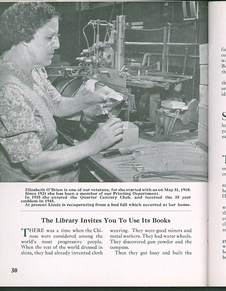 Westclox Tick Talk, September 1950, Vol. 35 No. 9 > 30. Personnel: Elizabeth O&039;Brien Of The Printing Department. She Started With Westclox In 1910.