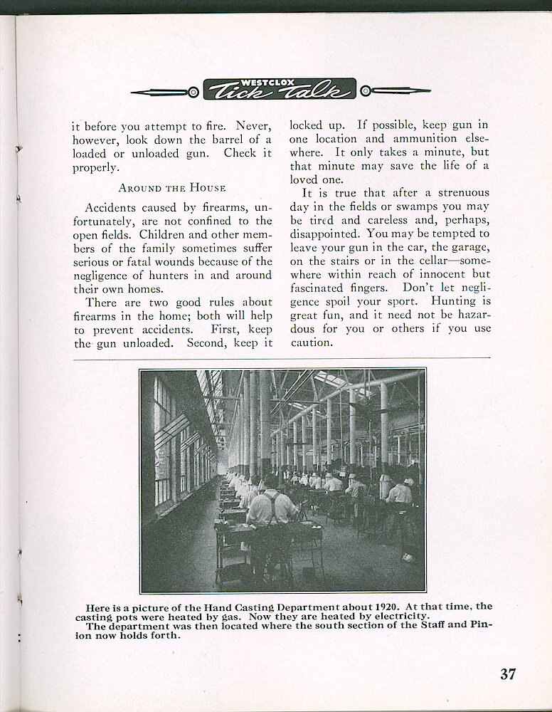 Westclox Tick Talk, September 1950, Vol. 35 No. 9 > 37. Historical Picture: Our Hand Casting Department About 1920, When The Casting Pots Were Heated By Gas.