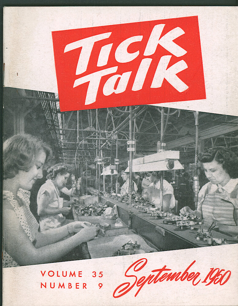 Westclox Tick Talk, September 1950, Vol. 35 No. 9 > F. Manufacturing: One Of The Lines In The Electric Clock Department. On The Left, Front Is Irene Appel. Next Is Emma Piano.  On The Right, From Front To Back: Irma Cioni, Donna Newkirk, And Margaret Pearson (caption Inside Front Cover).