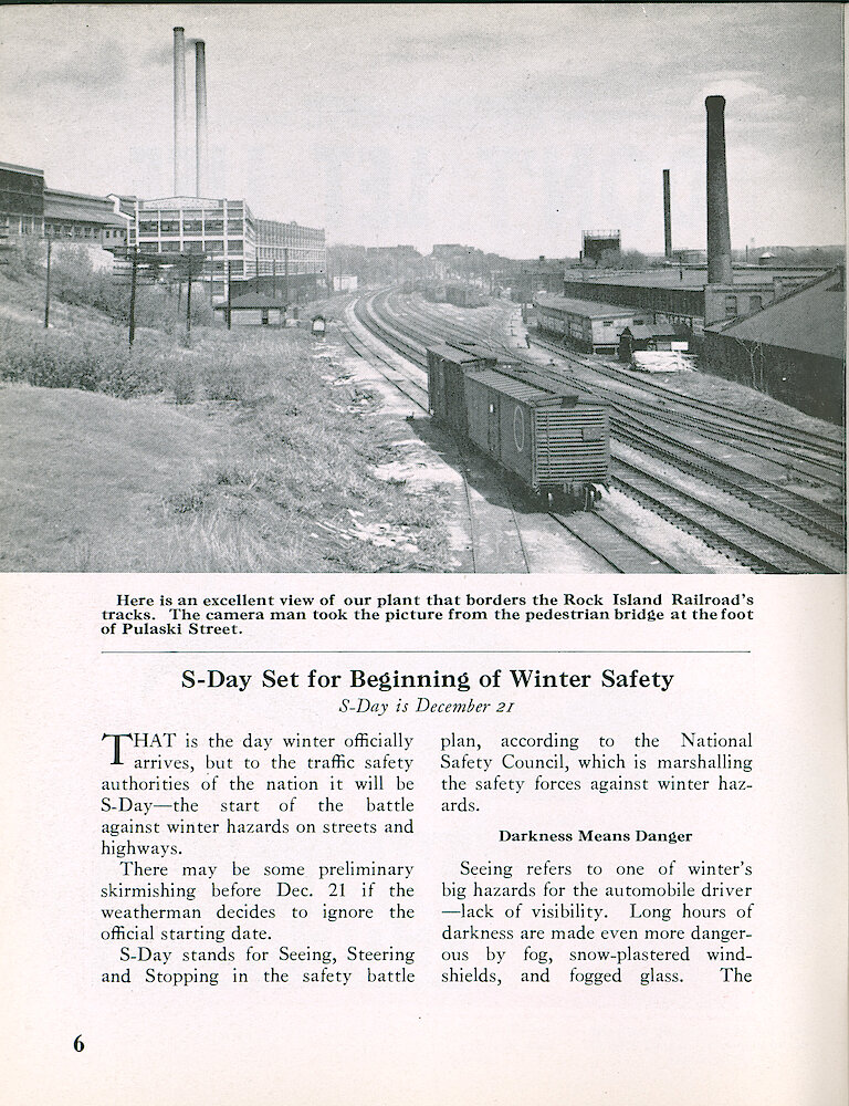 Westclox Tick Talk, November 1950, Vol. 35 No. 11 > 6. Factory: Back View Of Factory And Railroad Tracks.