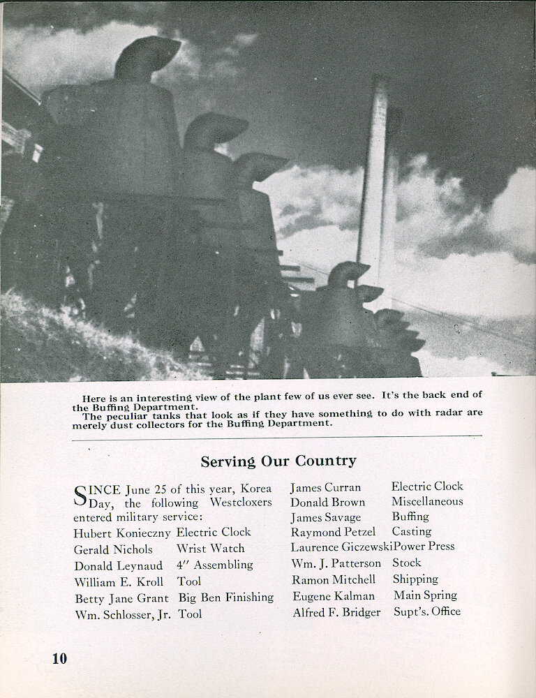 Westclox Tick Talk, November 1950, Vol. 35 No. 11 > 10. Factory: Behind The Buffing Department Showing The Dust Collectors.