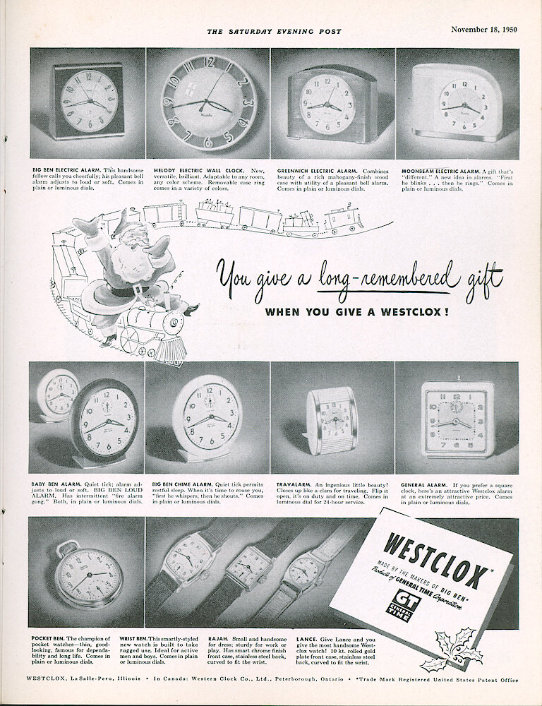 Westclox Tick Talk, November 1950, Vol. 35 No. 11 > 25. Advertisement: You Give A Long-lasting Gift When You Give A Westclox. Saturday Evening Post November 18, 1950.