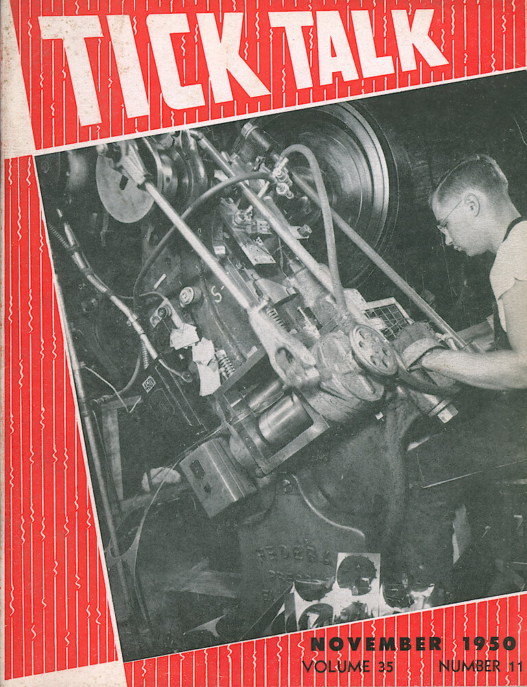 Westclox Tick Talk, November 1950, Vol. 35 No. 11 > F. Manufacturing: Robert Richards Operates Roll Feed Blanking Press In The Power Press Department (caption Inside Front Cover).