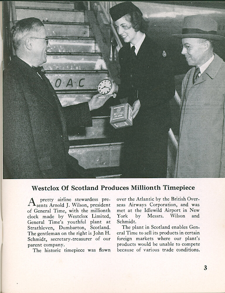 Westclox Tick Talk, December 1950, Vol. 35 No. 12 > 3. Manufacturing: Corporate: "Westclox Of Scotland Produces Millionth Timepiece.