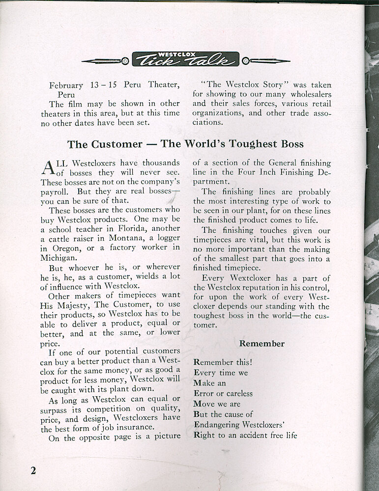 Westclox Tick Talk, January 1951, Vol. 36 No. 1 > 2. Marketing: "Westclox Film To Show At Local Theaters" The Film Is "The Westclox Story" Which Was Taken In Our Plant Several Month Ago. MARKETING: PICTURE CAPTION: "The Customer—The World&039;s Toughest Boss" The Next Page Shows A Section Of The General Finishing Line In ... 