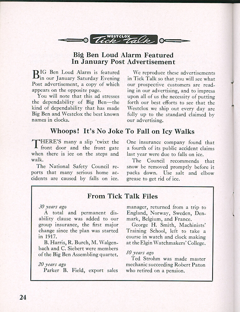 Westclox Tick Talk, January 1951, Vol. 36 No. 1 > 24. Marketing: Advertisement Caption: "Big Ben Loud Alarm Featured In January Post Advertisement" January 13, 1951 Saturday Evening Post Ad Shown On Next Page.