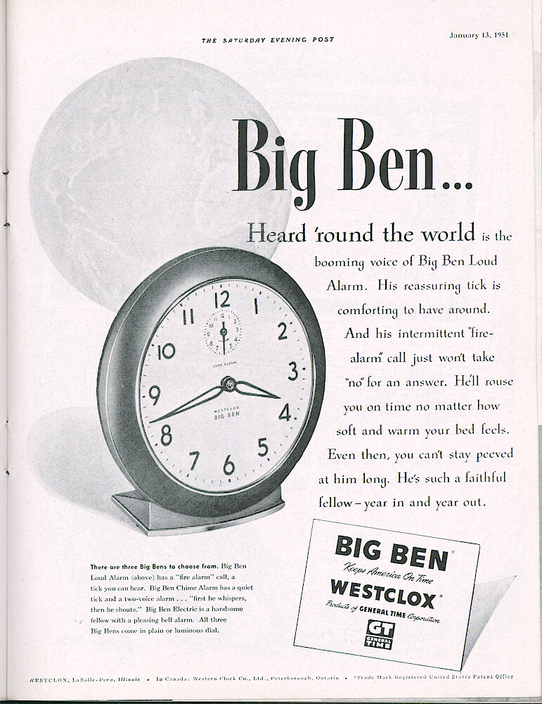 Westclox Tick Talk, January 1951, Vol. 36 No. 1 > 25. Advertisement: "Big Ben . . . Heard &039;round The World Is The Booming Voice Of Big Ben Loud Alarm" January 13, 1951 Saturday Evening Post Ad.