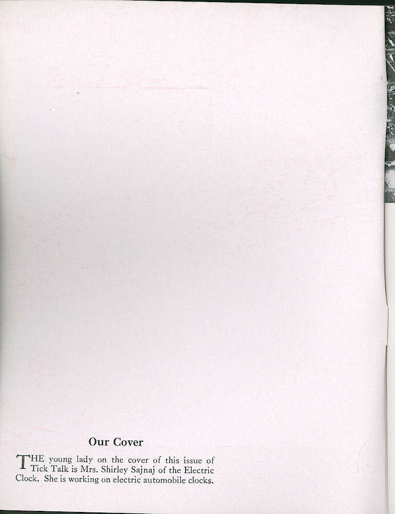 Westclox Tick Talk, February 1951, Vol. 36 No. 2 > Inside front cover. Cover Caption:  Mrs. Shirley Sajnaj Of Electric Clock Department Is Working On Automobile Clocks.